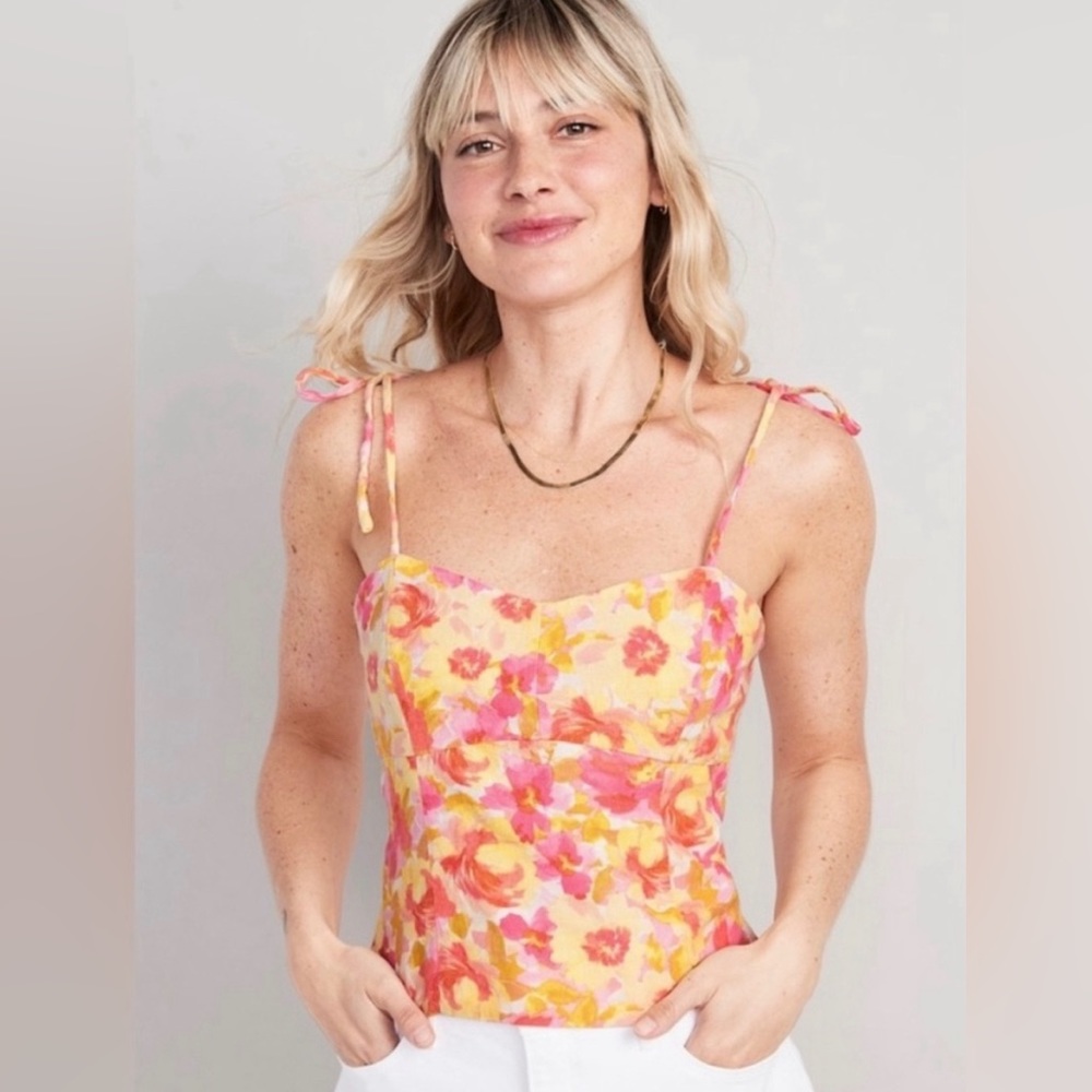 Old Navy Linen Blend Cropped Corset Tie Shoulder Top